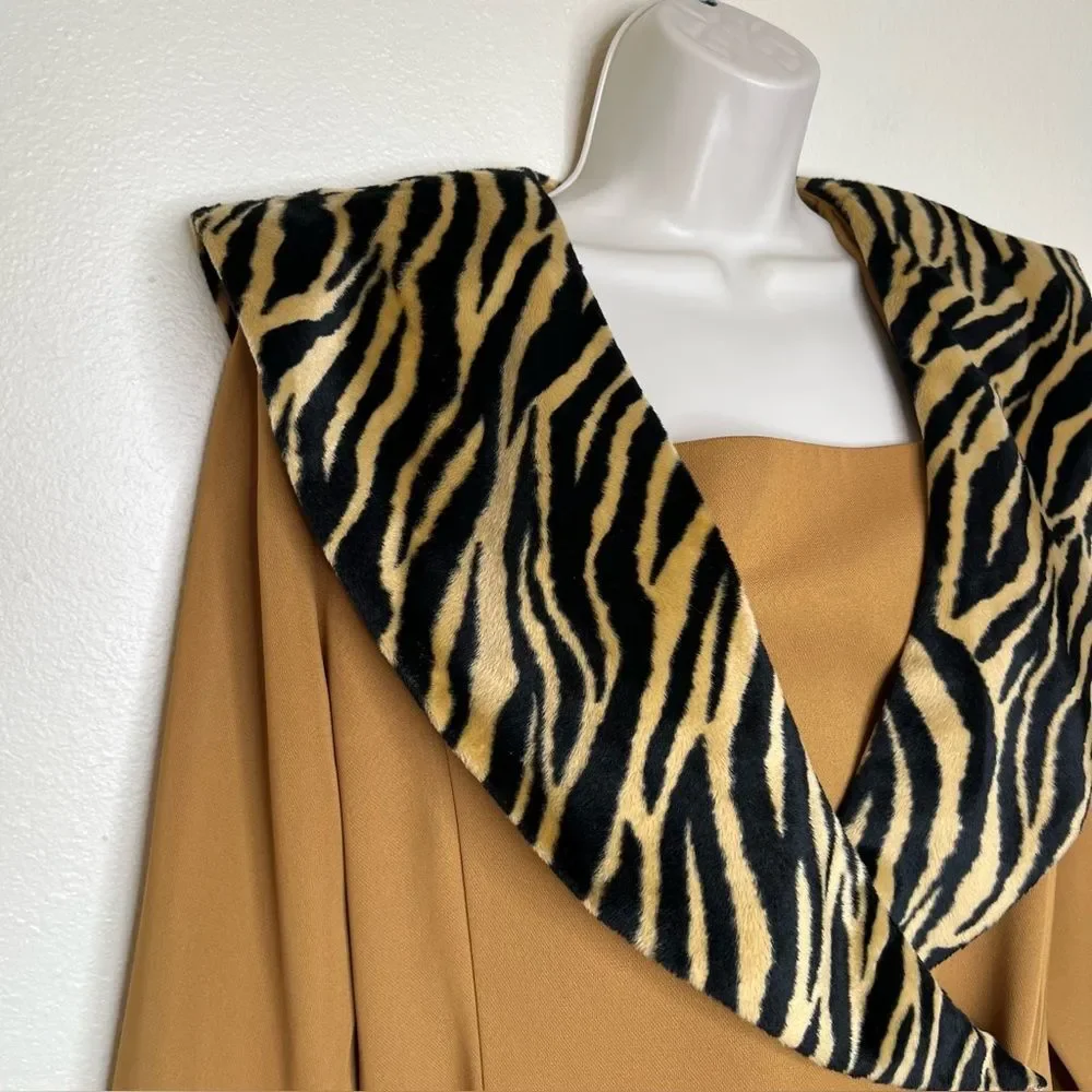 Vintage Dolce Faux Tiger Fur Shawl Collar Camel Jacket Blazer Long Sleeve Medium